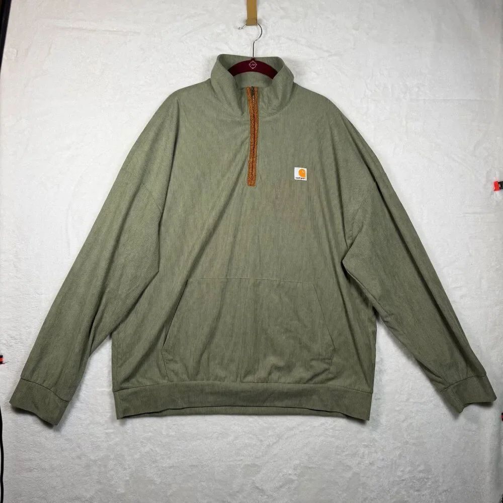 Carhartt XL Green Corduroy Mock Neck 1/4 Zip Pullover Sweatshirt Pocket Logo